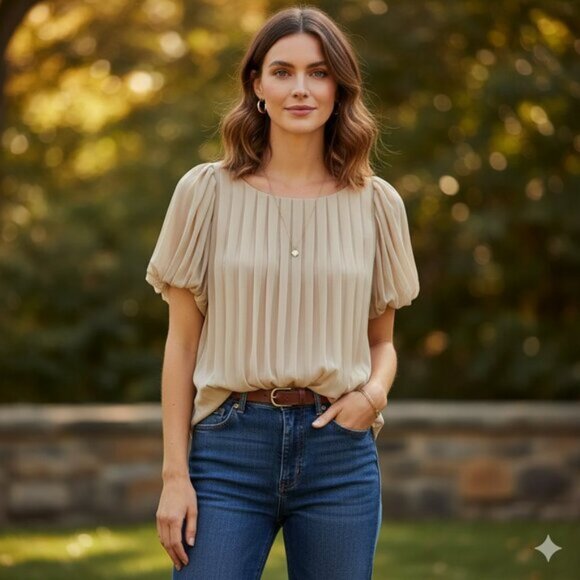 Miss Me MM Couture Silk Blouse Pleated Short Sleeve Taupe Beige Size Small - Picture 3 of 10